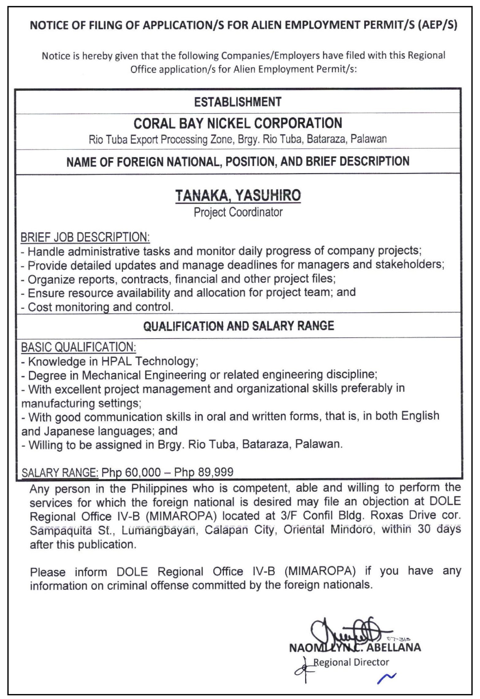 Notice of Filing of Application/s for Alien Employment Permit/s - Tanaka, Yasuhiro